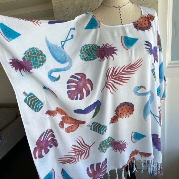 Beach Cover up, Natural Pattern Poncho With Fringe , Swimming Cover Up - Picture 7 of 11